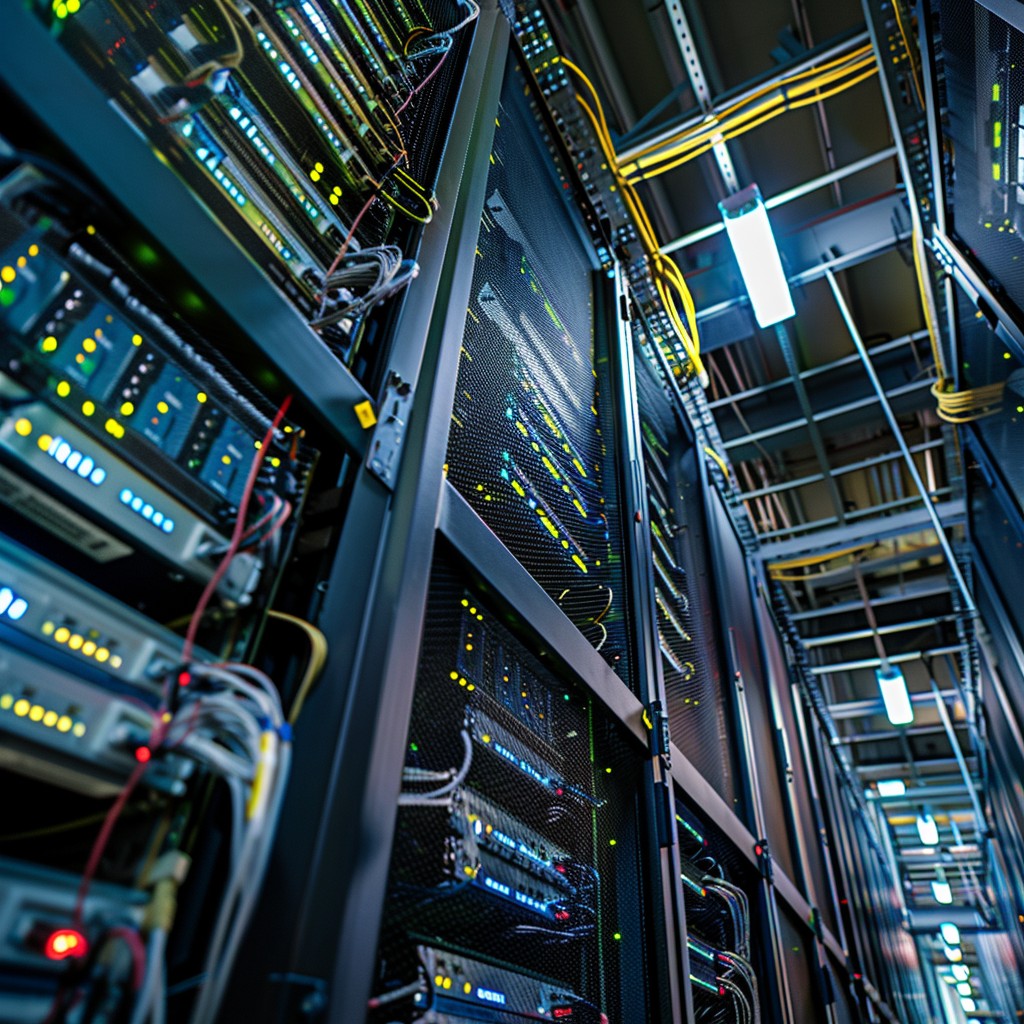 This photograph showcases a bustling server room at the heart of digital infrastructure. The blue and green ambient lighting highlights rows of servers lined with numerous cables and components. These machines are crucial for data storage, management, and computation, facilitating everything from everyday internet browsing to complex cloud computing tasks. Efficiently organized, each server is equipped with advanced technology to ensure optimal performance and security, vital for the operation of countless businesses and services around the globe.