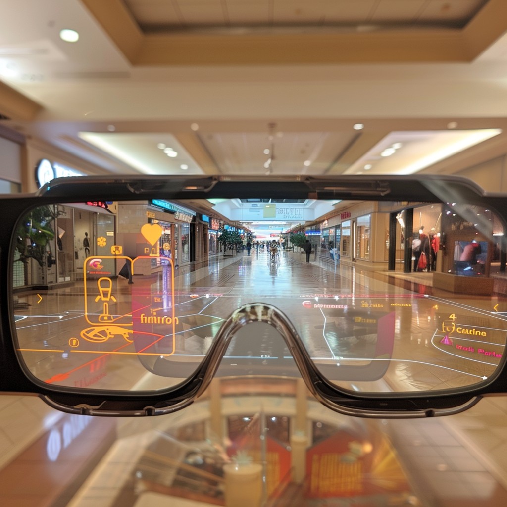 The image captures a first-person perspective of a user experiencing an advanced augmented reality interface through a pair of smart glasses. As the wearer gazes along the interior of a shopping mall, digital overlays provide interactive icons and information, seamlessly integrating with the user's field of vision. This cutting-edge technology blends the physical and digital worlds, creating a dynamic and interactive environment for the user to navigate and engage with.
