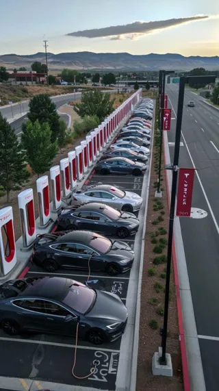 This image captures a modern electric vehicle charging station bustling with activity as multiple cars are docked at the red charging points. The time seems to be twilight, with the sky showcasing beautiful gradients of color, fading from blue to the warmth of the disappearing sun. The neatly aligned cars, with their diverse colors and designs, reflect a commitment to sustainable transportation. In the background, gentle hills paint a serene and natural contrast to the technological advancement represented by the charging station. The scene not only highlights the growth in electric vehicle adoption but also illustrates a harmonious blend of innovation with the environment.