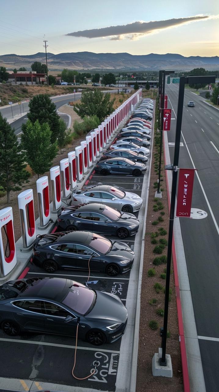 This image captures a modern electric vehicle charging station bustling with activity as multiple cars are docked at the red charging points. The time seems to be twilight, with the sky showcasing beautiful gradients of color, fading from blue to the warmth of the disappearing sun. The neatly aligned cars, with their diverse colors and designs, reflect a commitment to sustainable transportation. In the background, gentle hills paint a serene and natural contrast to the technological advancement represented by the charging station. The scene not only highlights the growth in electric vehicle adoption but also illustrates a harmonious blend of innovation with the environment.
