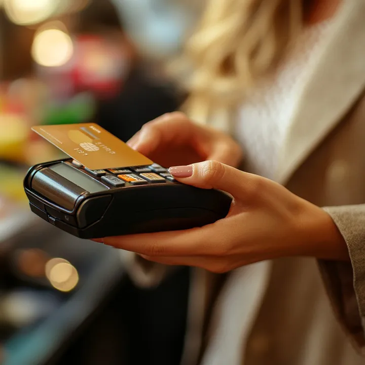 In a cozy, warmly lit setting, a woman engages in a modern purchasing experience by using a contactless payment method. As she holds her credit card near the portable card reader, the transaction exemplifies the convenience and speed of today's digital payment solutions. This technology not only enhances customer satisfaction but also represents the shifting trends towards cashless transactions in everyday commerce.