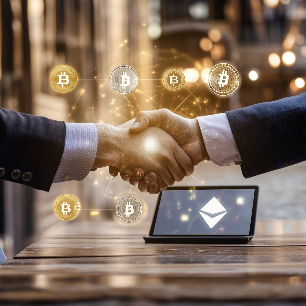 In the foreground of the visual, two businessmen firmly shake hands, sealing a deal that could reflect a pivotal moment in finance technology. On the table between them lies a tablet showing the Ethereum logo, subtly illuminated by the ambient city light. Floating around them are icons of Bitcoin, indicating the possible crypto transaction under discussion. This modern setting and the refined attire of the businessmen suggest a significant and contemporary business agreement centered around blockchain technology.