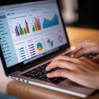 This image captures a moment of concentration as an individual engages in data analysis work, with their laptop displaying intricate graphs and charts. The focus on the screen suggests that the person is deeply involved in interpreting the colored data visualizations, possibly searching for trends and insights that could be pivotal for decision-making. The blurred background allows us to concentrate on the task at hand, emphasizing the importance and intensity of the work being performed.