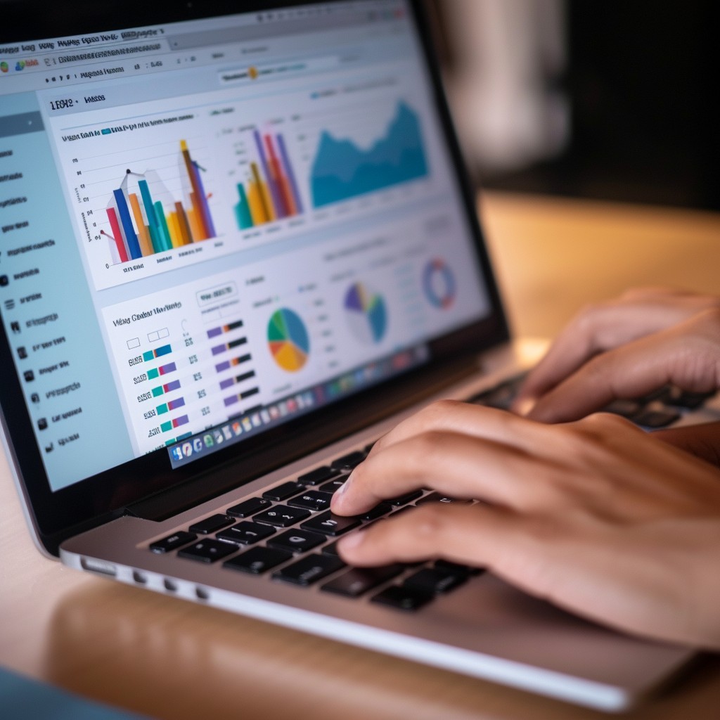 This image captures a moment of concentration as an individual engages in data analysis work, with their laptop displaying intricate graphs and charts. The focus on the screen suggests that the person is deeply involved in interpreting the colored data visualizations, possibly searching for trends and insights that could be pivotal for decision-making. The blurred background allows us to concentrate on the task at hand, emphasizing the importance and intensity of the work being performed.
