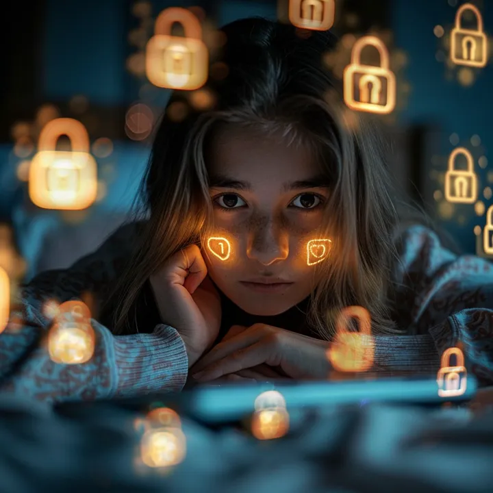 This evocative image captures the essence of modern digital security concerns, illustrating a young woman's thoughtful expression amid a swarm of glowing padlock icons that symbolize privacy and protection in the digital age. The warmth of the soft lights contrasts with the cool blue tones of the room, underscoring the pervasive nature of cybersecurity in our daily lives and the introspection it incites in individuals who navigate the complex digital world.
