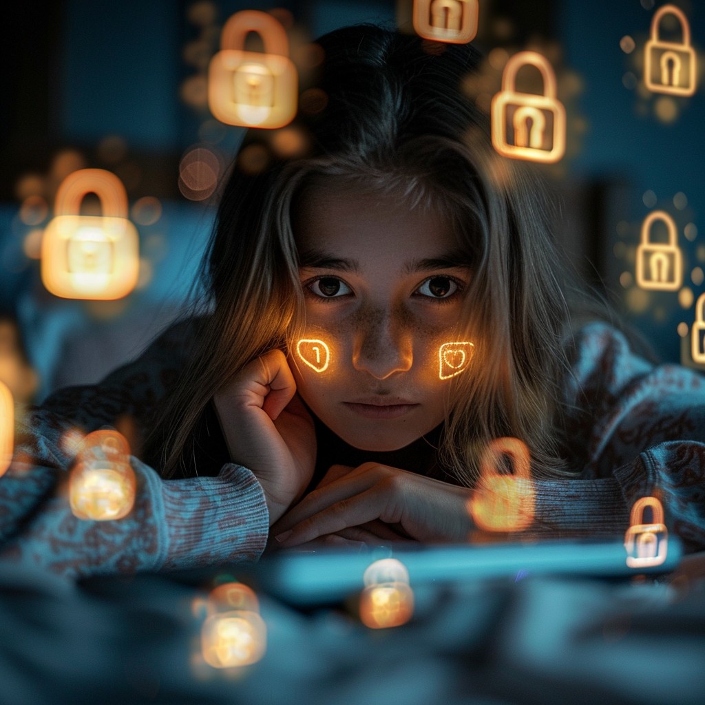 This evocative image captures the essence of modern digital security concerns, illustrating a young woman's thoughtful expression amid a swarm of glowing padlock icons that symbolize privacy and protection in the digital age. The warmth of the soft lights contrasts with the cool blue tones of the room, underscoring the pervasive nature of cybersecurity in our daily lives and the introspection it incites in individuals who navigate the complex digital world.