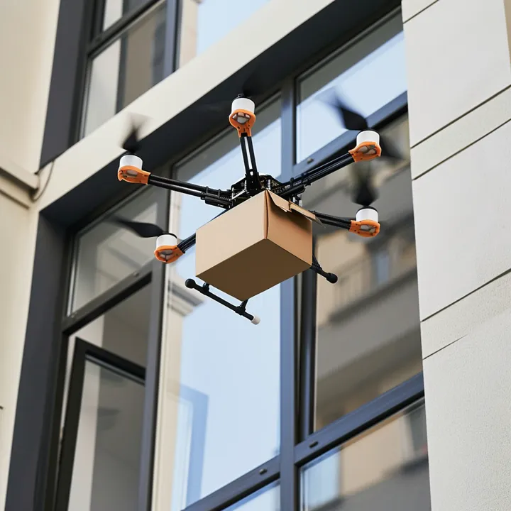 Capturing the essence of futuristic delivery services, this photo shows a sophisticated drone in the midst of a delivery operation. Outfitted with multiple rotors for stability and precision, the drone deftly hovers outside an apartment building, carefully holding a package likely containing goods ordered online. The building's sleek, modern design juxtaposes the buzzing technology, highlighting the seamless integration of advanced delivery systems into our urban landscapes. This snapshot represents a world where convenience and efficiency take flight, quite literally, and offers a glimpse into the evolution of logistics and commerce in an increasingly digital and automated era.