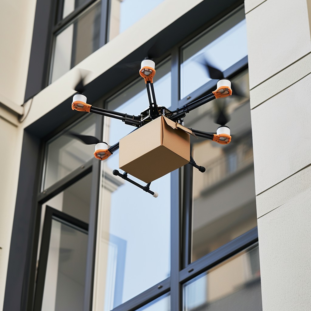 Capturing the essence of futuristic delivery services, this photo shows a sophisticated drone in the midst of a delivery operation. Outfitted with multiple rotors for stability and precision, the drone deftly hovers outside an apartment building, carefully holding a package likely containing goods ordered online. The building's sleek, modern design juxtaposes the buzzing technology, highlighting the seamless integration of advanced delivery systems into our urban landscapes. This snapshot represents a world where convenience and efficiency take flight, quite literally, and offers a glimpse into the evolution of logistics and commerce in an increasingly digital and automated era.