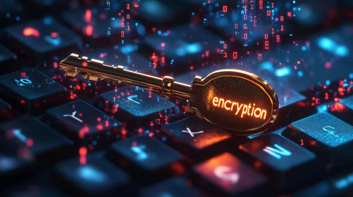 The visual captures a striking golden key marked 'encryption' laying on a computer keyboard, symbolizing digital security. This representation highlights the concept of encryption as a vital tool in protecting data. The surrounding glow and flowing digital numbers emphasize the ongoing data exchange and the necessity of robust security measures in today's digital age. It illustrates the merging of physical and digital security measures to safeguard sensitive information against cyber threats.