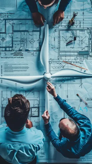 In this photo, a group of engineers is deeply engaged in a collaborative effort, gathered around expansive blueprints spread on a table. They are discussing the technical details involved in constructing a wind turbine, marking key points and measurements as they go. The focus is on innovation and sustainability as they work together to advance renewable energy technologies. Their commitment and teamwork are evident, showcasing the importance of collective efforts in achieving technological advancements.