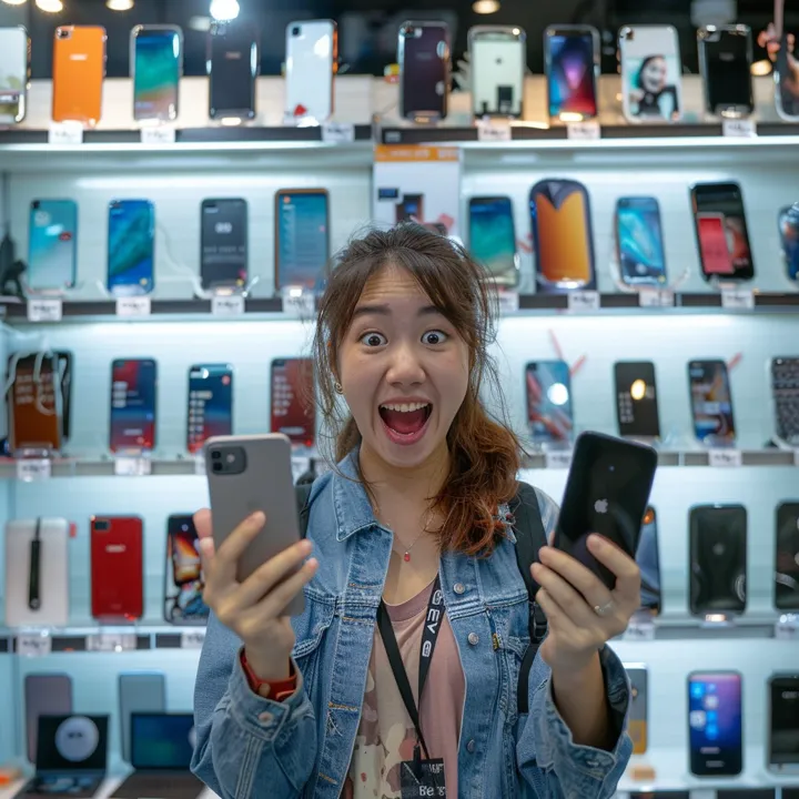 In the bustling glow of a modern phone store, an ecstatic young woman stands out in a denim jacket. She's in the midst of a sea of technology, clutching two smartphones as her eyes widen and her mouth opens in an expression of gleeful surprise. The vast array of gleaming devices mounted on the walls behind her offers a glimpse into the world of endless choices and cutting-edge technology that she dives into.