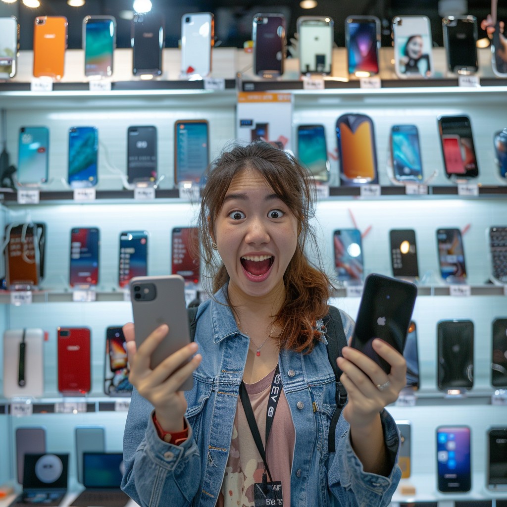 In the bustling glow of a modern phone store, an ecstatic young woman stands out in a denim jacket. She's in the midst of a sea of technology, clutching two smartphones as her eyes widen and her mouth opens in an expression of gleeful surprise. The vast array of gleaming devices mounted on the walls behind her offers a glimpse into the world of endless choices and cutting-edge technology that she dives into.