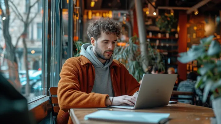 In the calming ambiance of a warmly lit café, a young man sits engrossed in his laptop. The window beside him reveals a hint of the bustling street outside, yet the tranquility within the cafe provides a serene backdrop for work and reflection. His focused gaze, slightly furrowed brow, and the casual attire suggest a fusion of comfort and productivity that's often sought by remote workers everywhere.