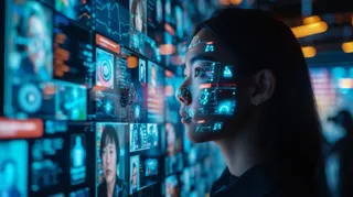 This image features a focused individual encapsulated within a high-tech environment, symbolizing the integration of human intellect with cutting-edge digital interfaces. The expansive multi-screen setup showcases a variety of information streams, from numerical data to facial recognition, hinting at a future where technology not only augments but seamlessly blends with our daily decision-making processes. This visual tableau suggests an era of data-driven insights, sophisticated analytics, and augmented reality, where humans navigate through a vast sea of digital information to drive innovation and understanding.