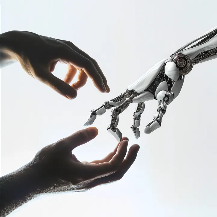 This image captures a profound moment where a human hand and a robotic hand are extended towards each other, almost touching, against a clear and bright background. The play of shadow and light creates a dramatic and powerful contrast that highlights the intricate details of both the human skin and the mechanical structure of the robot. This visual metaphor speaks volumes about the evolving relationship between humanity and technology, exploring themes of collaboration, coexistence, and the intersection of organic life with artificial intelligence.
