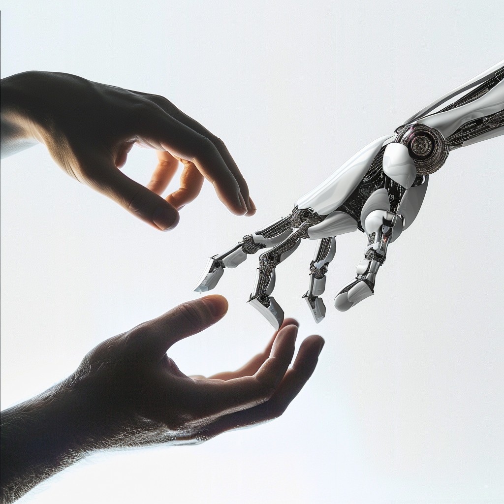 This image captures a profound moment where a human hand and a robotic hand are extended towards each other, almost touching, against a clear and bright background. The play of shadow and light creates a dramatic and powerful contrast that highlights the intricate details of both the human skin and the mechanical structure of the robot. This visual metaphor speaks volumes about the evolving relationship between humanity and technology, exploring themes of collaboration, coexistence, and the intersection of organic life with artificial intelligence.