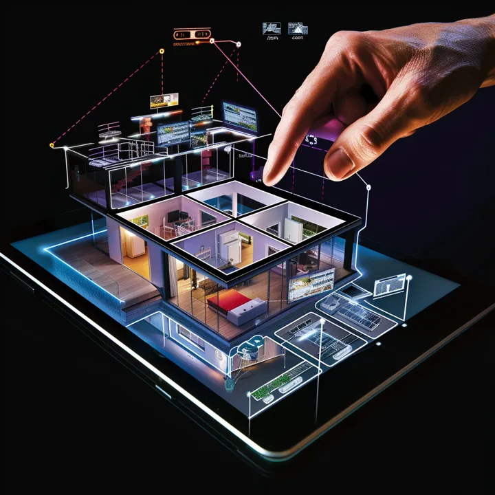 In this innovative display, we see a hand pointing to a detailed augmented reality model of a house, which is shown on a digital tablet. The model features a transparent view of the home's interior, with furniture and different room layouts visible. Each room is highlighted with distinct colors and design details, and the setup suggests the integration of smart home technology that can be controlled at a touch. This intersection of technology and everyday living exemplifies the potential of smart homes to revolutionize the way we interact with our living spaces, making them more convenient, customizable, and efficient.