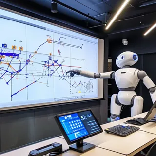 This image features a humanoid robot gesturing towards a large screen that displays intricate data visualizations in a high-tech conference room. The robot appears to be engaged in a presentation or lecture, exemplifying the integration of advanced robotics and artificial intelligence in educational or business settings. The presence of a touchscreen control panel on the table adds to the futuristic and automated atmosphere of the room.