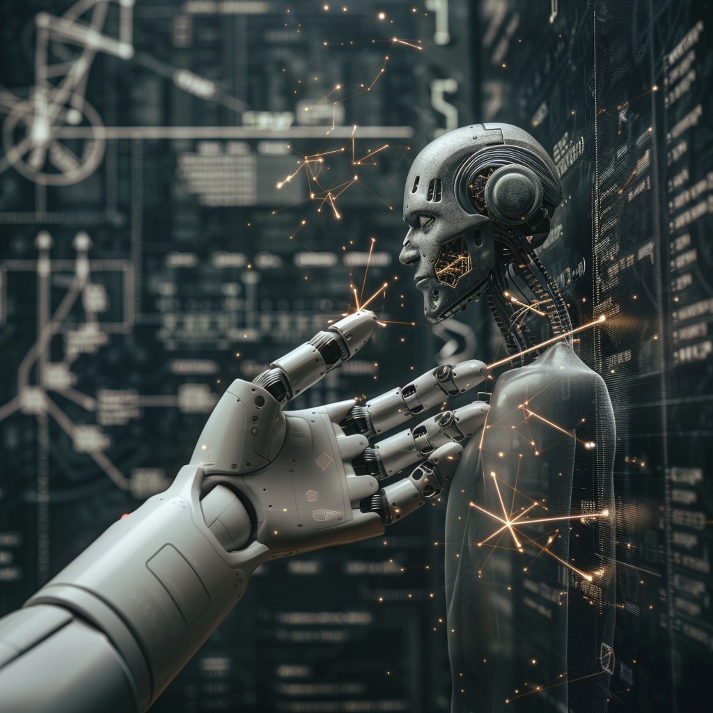 In the depths of a cybernetic realm, a humanoid robot examines its hand with a look of contemplation, surrounded by dancing sparks of energy and a cascading array of data visualizations. The intricate design of the robot's head suggests advanced technology and a level of artificial intelligence that borders on self-awareness. This moment of mechanical introspection signals a blend of science, technology, and perhaps a glimpse into a future where machines start to understand their own existence.