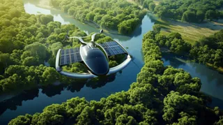 This captivating image presents a futuristic solar-powered aircraft soaring gracefully above a verdant forest canopy. The aircraft's large wings are equipped with solar panels that gleam in the sunlight, indicating its reliance on renewable energy. The setting is serene yet inspiring, symbolizing a harmony between human technological advancement and the environment. As the aircraft glides over the winding river that snakes through the endless greenery, it represents a beacon of sustainable innovation for the future of aviation.