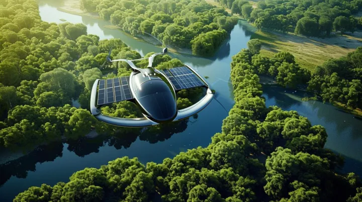 This captivating image presents a futuristic solar-powered aircraft soaring gracefully above a verdant forest canopy. The aircraft's large wings are equipped with solar panels that gleam in the sunlight, indicating its reliance on renewable energy. The setting is serene yet inspiring, symbolizing a harmony between human technological advancement and the environment. As the aircraft glides over the winding river that snakes through the endless greenery, it represents a beacon of sustainable innovation for the future of aviation.