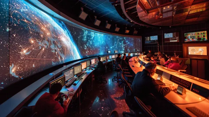 In a dark, expansive control room, a group of operators sits at their stations, illuminated only by the glow of large, panoramic screens that display breathtaking images of galaxies, stars, and planets. This high-tech space exploration hub buzzes with the activity of professionals carefully monitoring and analyzing astronomical data, guiding explorations, and potentially making groundbreaking discoveries in the vast universe beyond Earth.