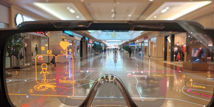 The image captures a first-person perspective of a user experiencing an advanced augmented reality interface through a pair of smart glasses. As the wearer gazes along the interior of a shopping mall, digital overlays provide interactive icons and information, seamlessly integrating with the user's field of vision. This cutting-edge technology blends the physical and digital worlds, creating a dynamic and interactive environment for the user to navigate and engage with.