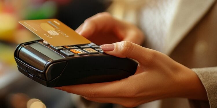 In a cozy, warmly lit setting, a woman engages in a modern purchasing experience by using a contactless payment method. As she holds her credit card near the portable card reader, the transaction exemplifies the convenience and speed of today's digital payment solutions. This technology not only enhances customer satisfaction but also represents the shifting trends towards cashless transactions in everyday commerce.