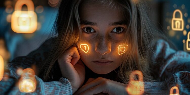 This evocative image captures the essence of modern digital security concerns, illustrating a young woman's thoughtful expression amid a swarm of glowing padlock icons that symbolize privacy and protection in the digital age. The warmth of the soft lights contrasts with the cool blue tones of the room, underscoring the pervasive nature of cybersecurity in our daily lives and the introspection it incites in individuals who navigate the complex digital world.