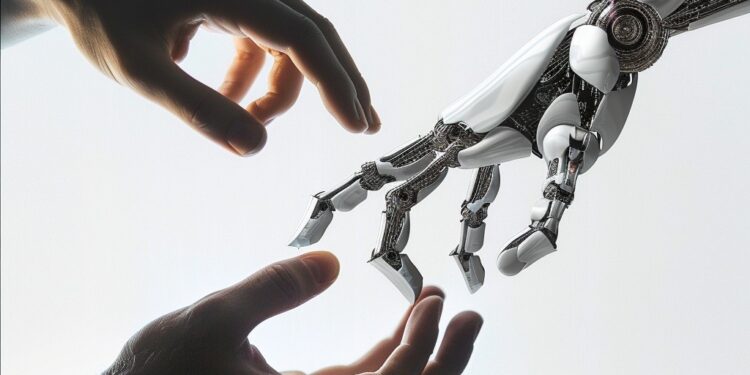 This image captures a profound moment where a human hand and a robotic hand are extended towards each other, almost touching, against a clear and bright background. The play of shadow and light creates a dramatic and powerful contrast that highlights the intricate details of both the human skin and the mechanical structure of the robot. This visual metaphor speaks volumes about the evolving relationship between humanity and technology, exploring themes of collaboration, coexistence, and the intersection of organic life with artificial intelligence.