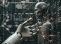 In the depths of a cybernetic realm, a humanoid robot examines its hand with a look of contemplation, surrounded by dancing sparks of energy and a cascading array of data visualizations. The intricate design of the robot's head suggests advanced technology and a level of artificial intelligence that borders on self-awareness. This moment of mechanical introspection signals a blend of science, technology, and perhaps a glimpse into a future where machines start to understand their own existence.