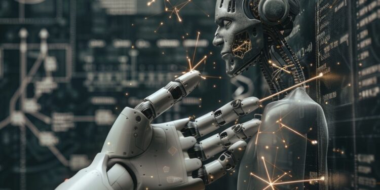In the depths of a cybernetic realm, a humanoid robot examines its hand with a look of contemplation, surrounded by dancing sparks of energy and a cascading array of data visualizations. The intricate design of the robot's head suggests advanced technology and a level of artificial intelligence that borders on self-awareness. This moment of mechanical introspection signals a blend of science, technology, and perhaps a glimpse into a future where machines start to understand their own existence.